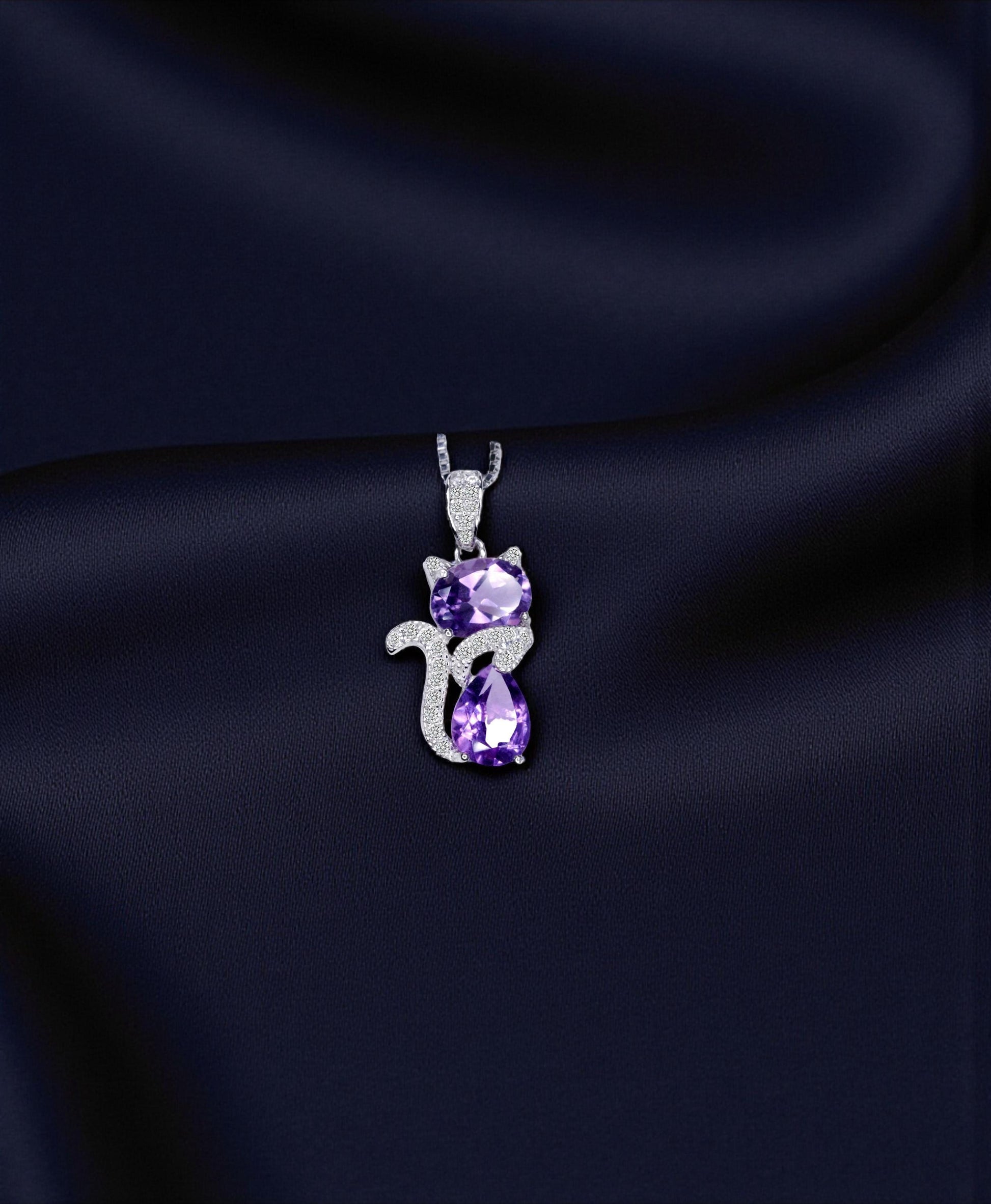 Natural Amethyst Necklace - Sterling Silver Cat Pendant- Purple Stone Gemstone Kitty Kitten Jewelry Crown Chakra Healing #221