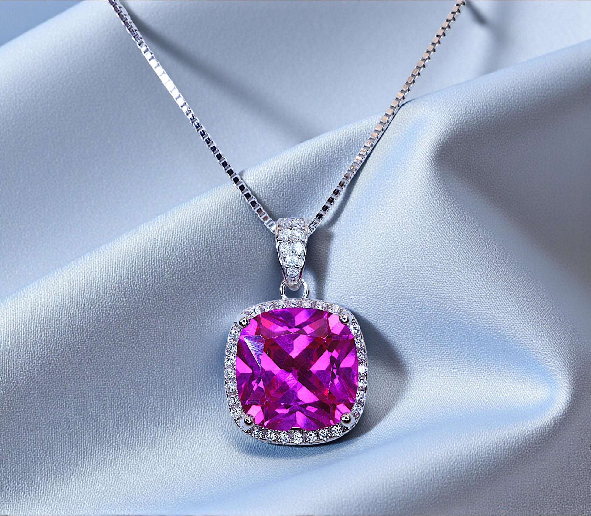 Pink Sapphire Necklace - 6CT Fuchsia Hot Pink Gemstone Pendant - Large Square Sapphire Jewelry Sterling Silver White Gold Plated #462