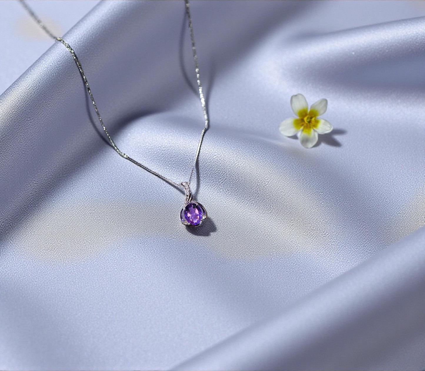 Genuine Amethyst Necklace - Sterling Silver Petal Flower Natural Amethyst Pendant February Birthstone Purple Gemstone Jewelry #461