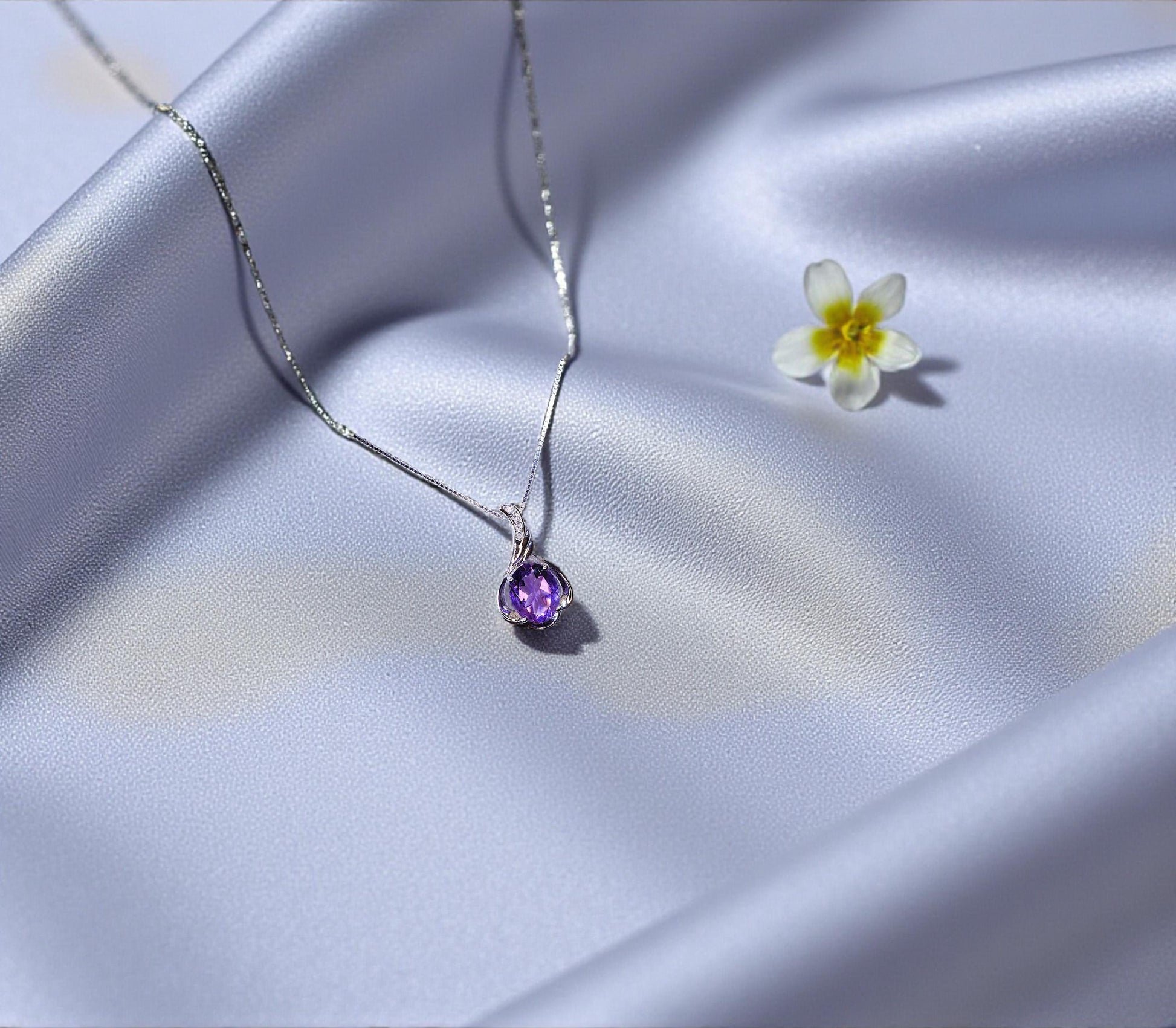 Genuine Amethyst Necklace - Sterling Silver Petal Flower Natural Amethyst Pendant February Birthstone Purple Gemstone Jewelry #461