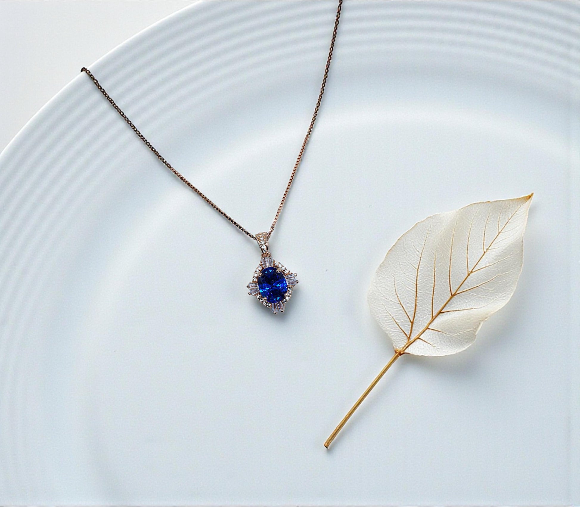Blue Sapphire Rose Gold Necklace Rose Gold Sterling Silver Gemstone Oval Blue Gemstone Pendant September Birthstone #163