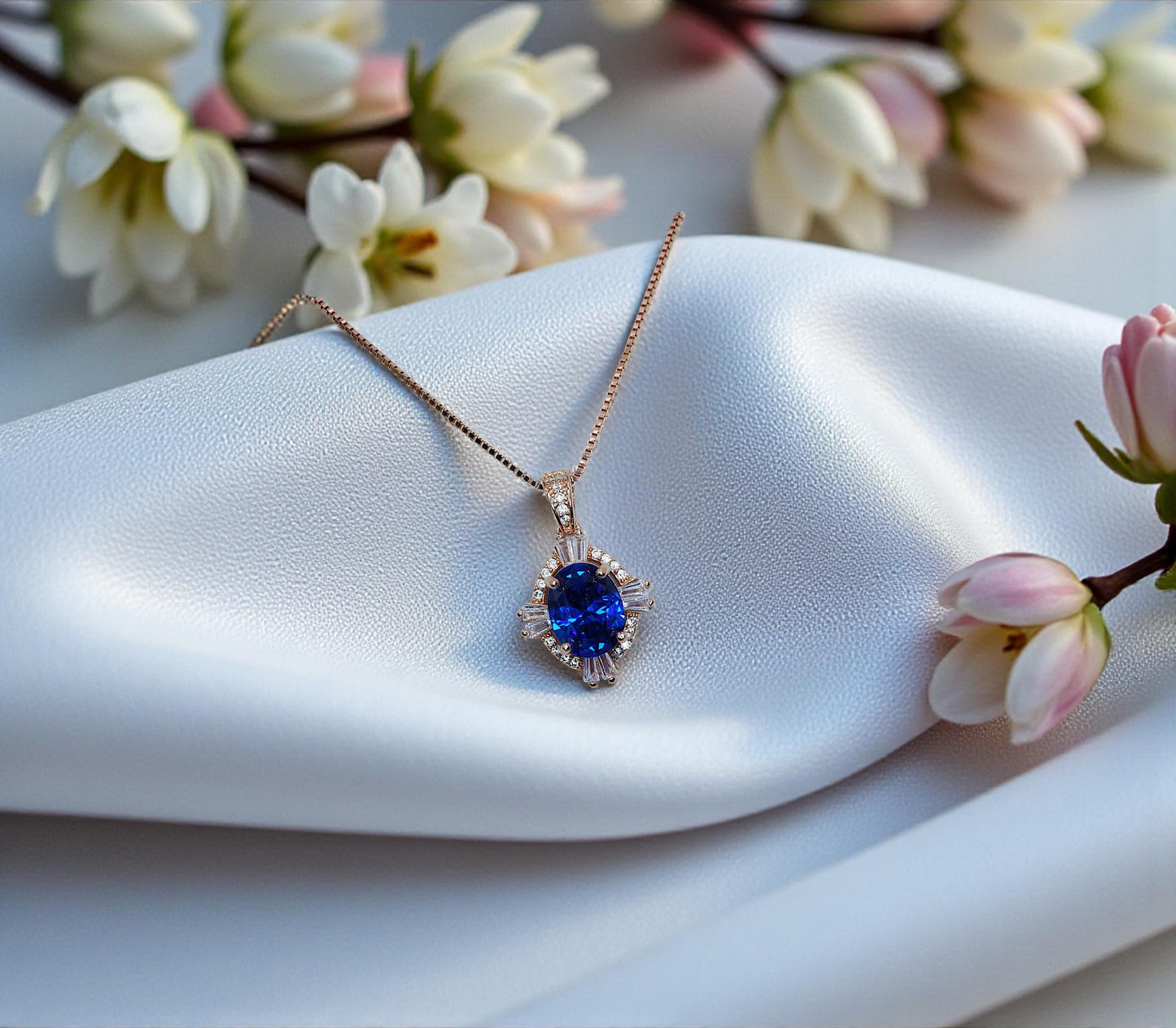 Blue Sapphire Rose Gold Necklace Rose Gold Sterling Silver Gemstone Oval Blue Gemstone Pendant September Birthstone #163