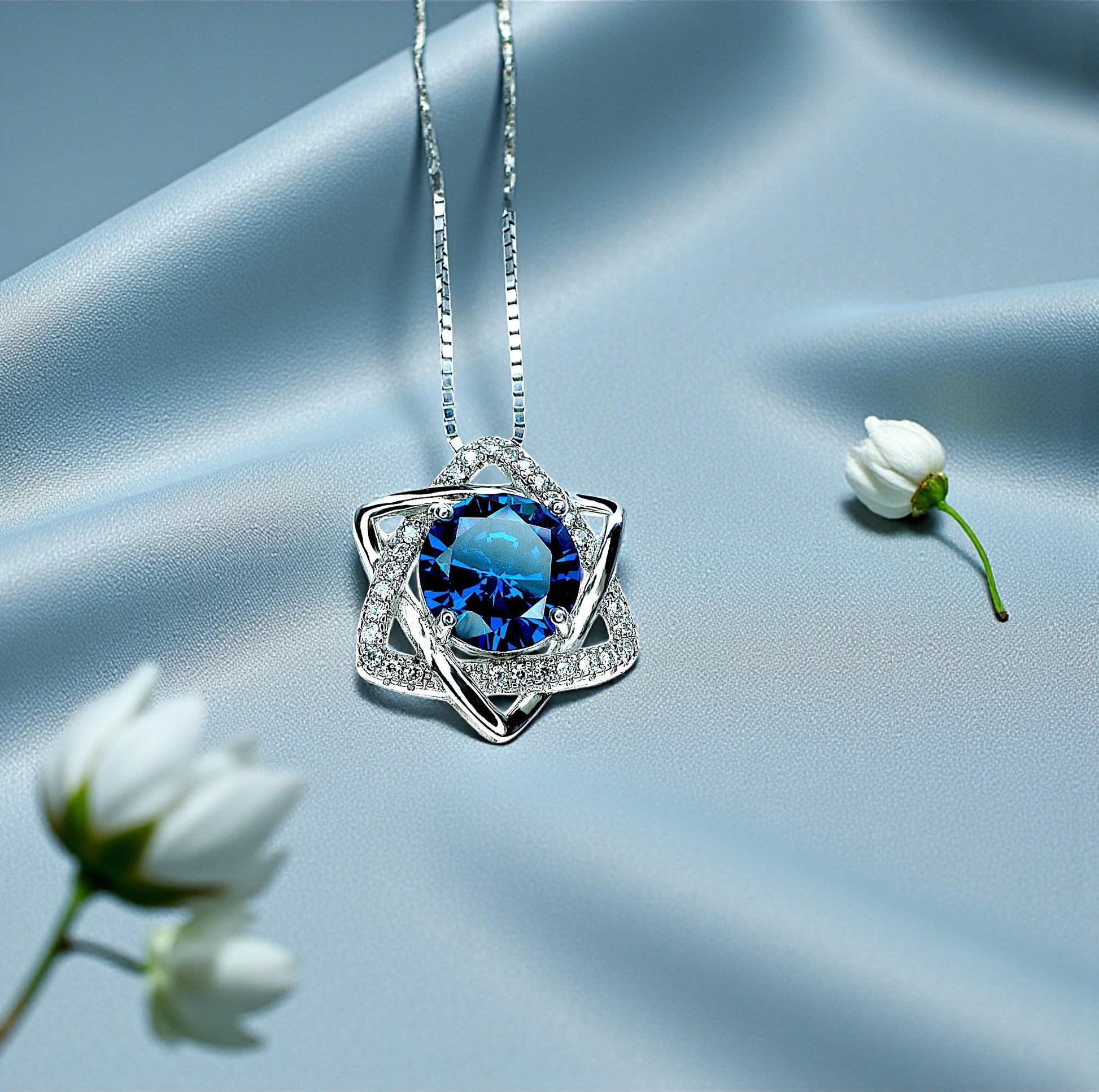 2 CT Blue Sapphire Necklace - Gemstone David Star Necklace - September Birthstone - Dainty Blue Sapphire Pendant #445
