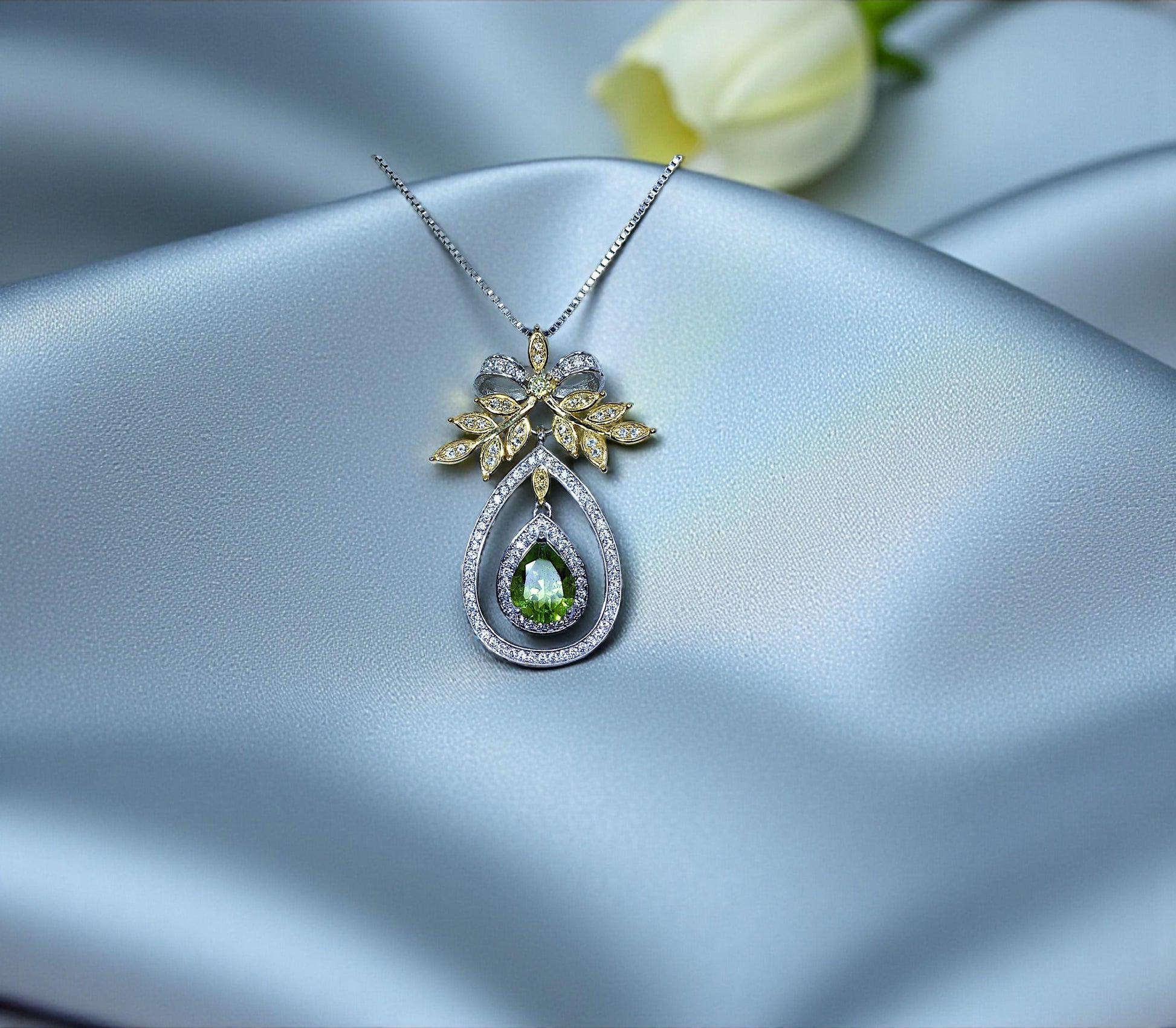Teardrop Genuine Peridot Necklace The Tree Of Life Pendant 18KGP @ Sterling Silver Olive branch 2.5 Ct Pear Cut Green Peridot Jewelry #862