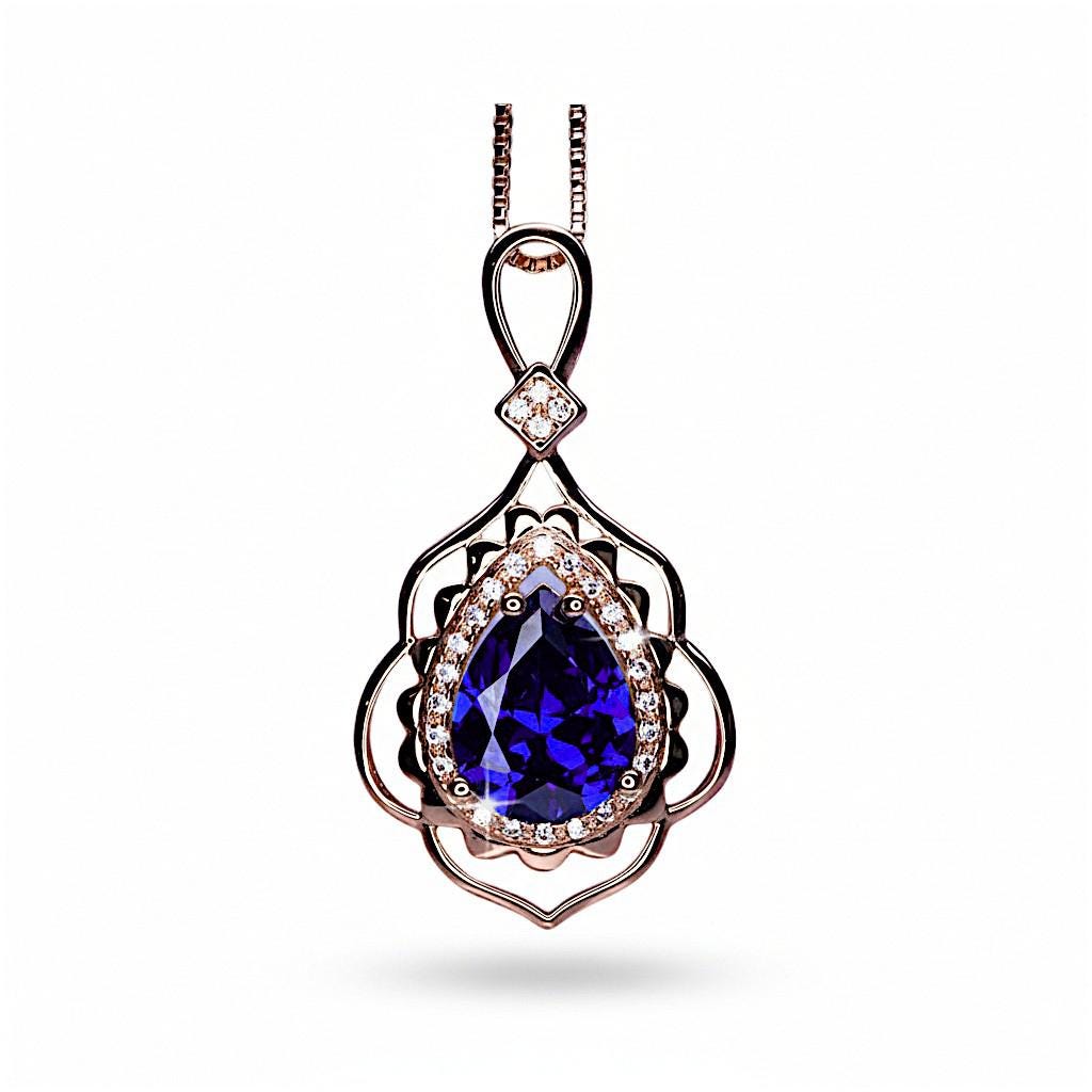 Tanzanite Necklace - Rose Gold 925 Sterling Silver Gemstone Flower Petal Leaf Pear Lab Created Tanzanite Pendant Jewelry #708