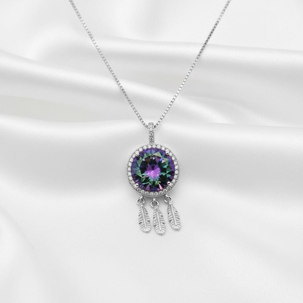 Large Mystic Topaz Necklace 6 CT Rainbow Gemstone Dream catcher jewelry Sterling Silver White Gold Plated Solitaire #1134