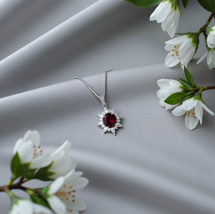 Sterling Silver Red Ruby Necklace 8mm 2CT Pigeon's blood Ruby Pendant 18k @ Sterling silver July Birthstone #1135