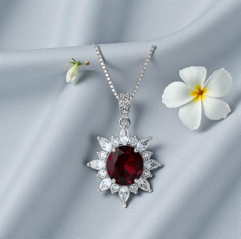 Sterling Silver Red Ruby Necklace 8mm 2CT Pigeon's blood Ruby Pendant 18k @ Sterling silver July Birthstone #1135