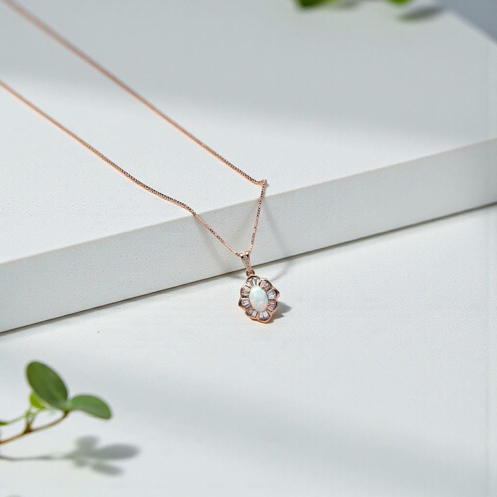 Opal Necklace - Tiny White Opal Rose gold 18KGP @ Sterling Silver - Small Gemstone flower style Opal Jewelry #308