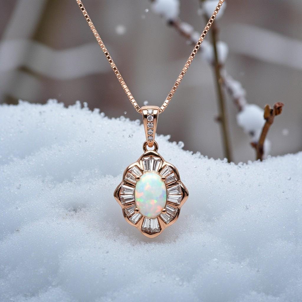Opal Necklace - Tiny White Opal Rose gold 18KGP @ Sterling Silver - Small Gemstone flower style Opal Jewelry #308