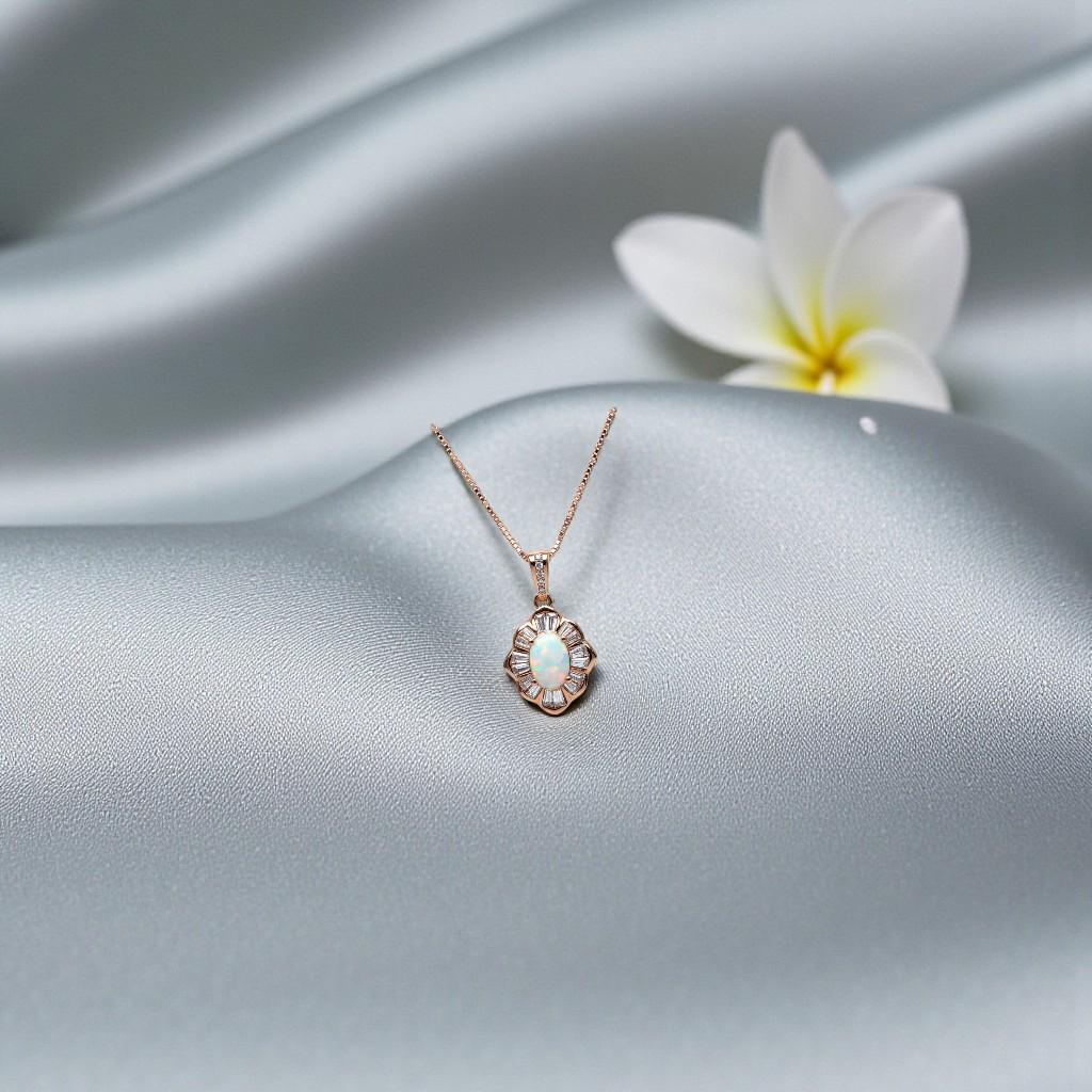 Opal Necklace - Tiny White Opal Rose gold 18KGP @ Sterling Silver - Small Gemstone flower style Opal Jewelry #308