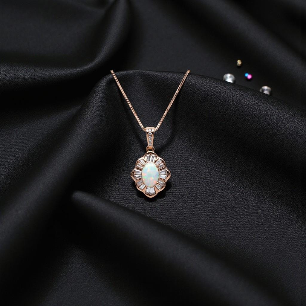 Opal Necklace - Tiny White Opal Rose gold 18KGP @ Sterling Silver - Small Gemstone flower style Opal Jewelry #308