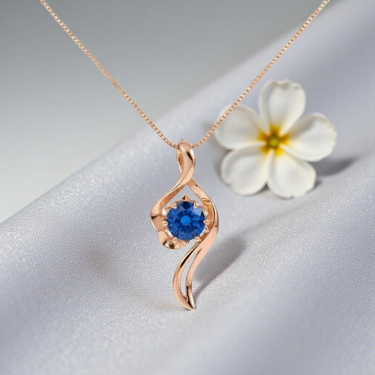 Rose Gold Blue Sapphire Necklace Sterling Silver 1 Ct Round Blue Gemstone Pendant Blue Sapphire Jewelry 1136