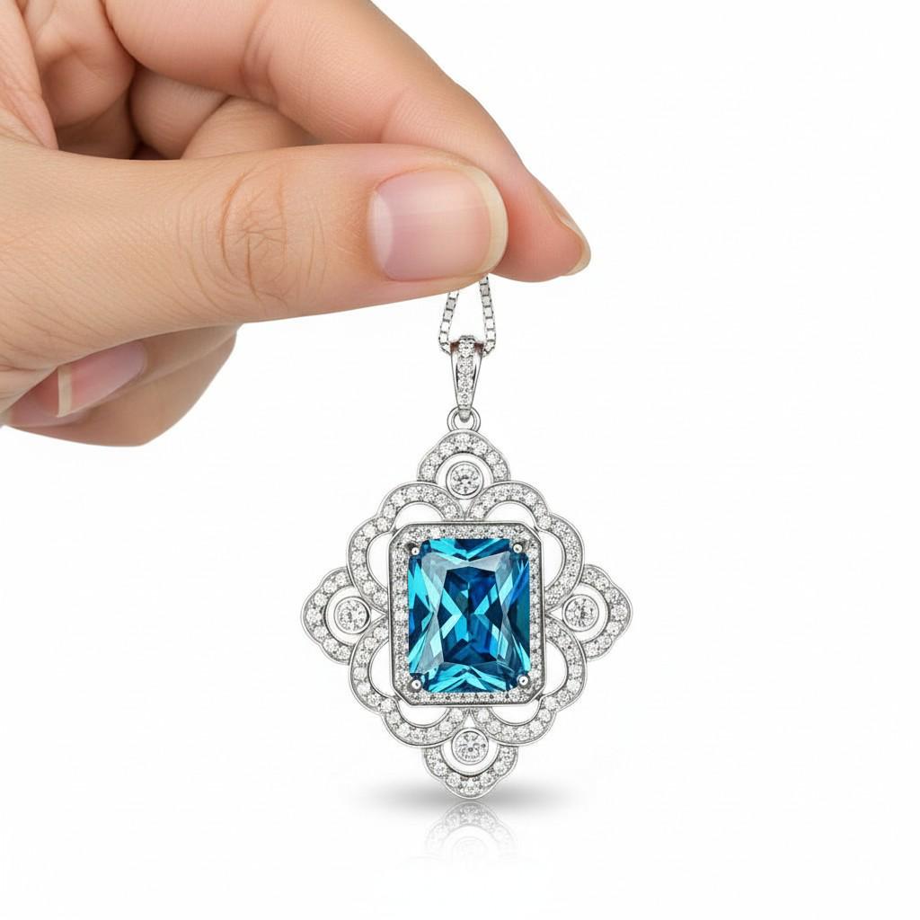 Large Blue Topaz Necklace - Faceted Rectangle 5 CT Swiss Blue Topaz Pendant - Gemstone Flower of Prosperity - 18kGP Sterling Silver #893