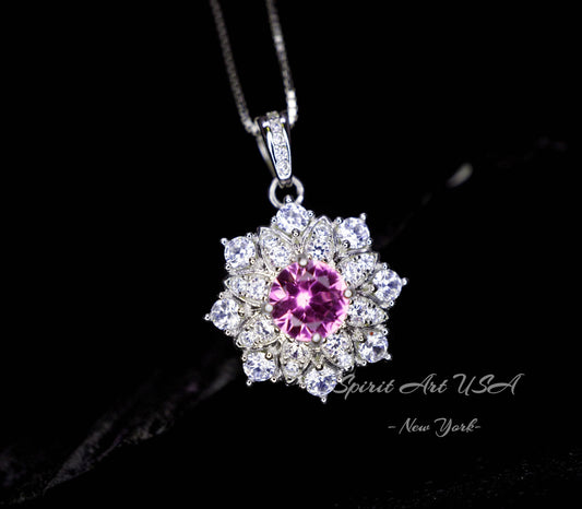 Pink Tourmaline Necklace - Diamond Flower Pendant - Dainty Pink Tourmaline Jewelry -18kgp @ Sterling Silver chain #1015