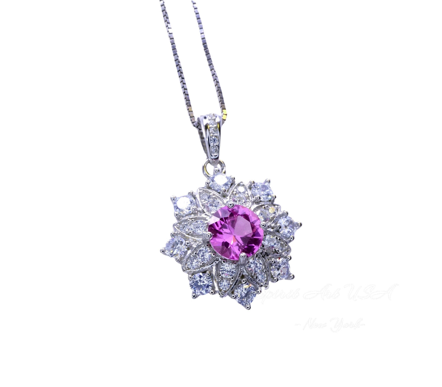 Pink Tourmaline Necklace - Diamond Flower Pendant - Dainty Pink Tourmaline Jewelry -18kgp @ Sterling Silver chain #1015