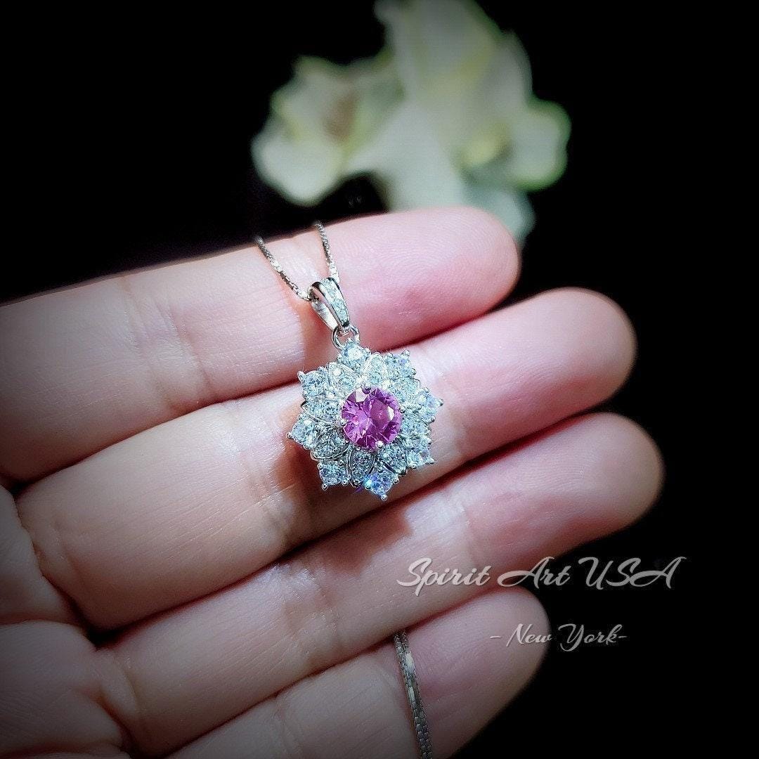 Pink Tourmaline Necklace - Diamond Flower Pendant - Dainty Pink Tourmaline Jewelry -18kgp @ Sterling Silver chain #1015