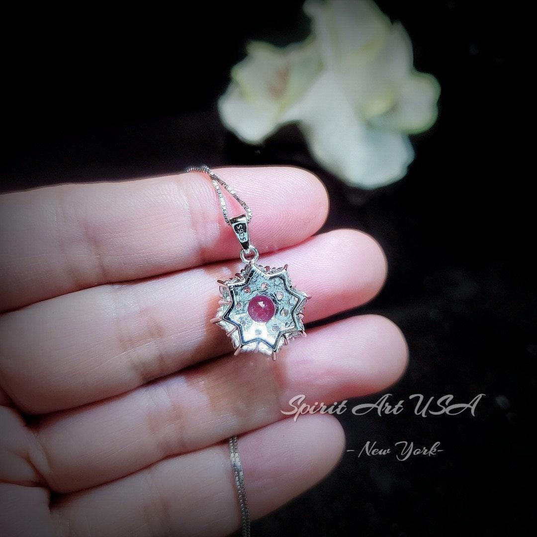Pink Tourmaline Necklace - Diamond Flower Pendant - Dainty Pink Tourmaline Jewelry -18kgp @ Sterling Silver chain #1015