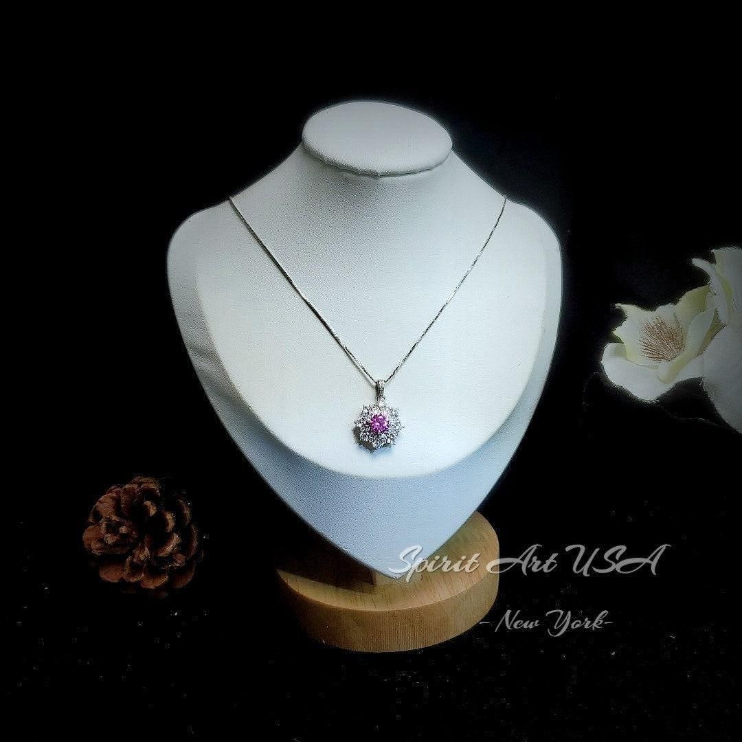 Pink Tourmaline Necklace - Diamond Flower Pendant - Dainty Pink Tourmaline Jewelry -18kgp @ Sterling Silver chain #1015