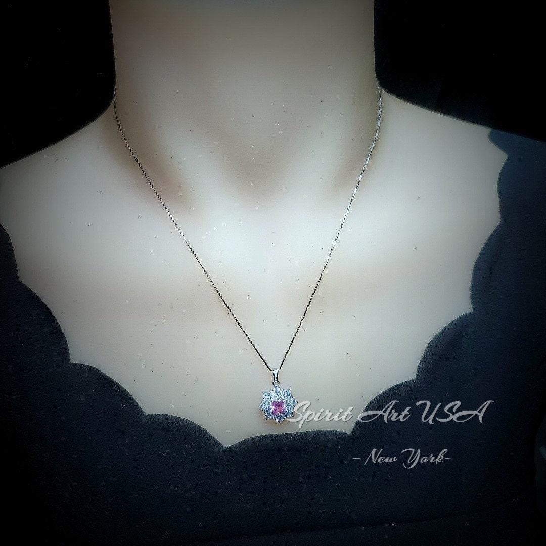 Pink Tourmaline Necklace - Diamond Flower Pendant - Dainty Pink Tourmaline Jewelry -18kgp @ Sterling Silver chain #1015