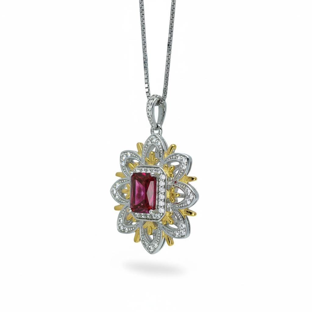 Ruby Necklace -Water Lily Flower Pendant - White Plated Sterling Silver - 1 CT Ruby Pendant - Goddess Athena Necklace #560