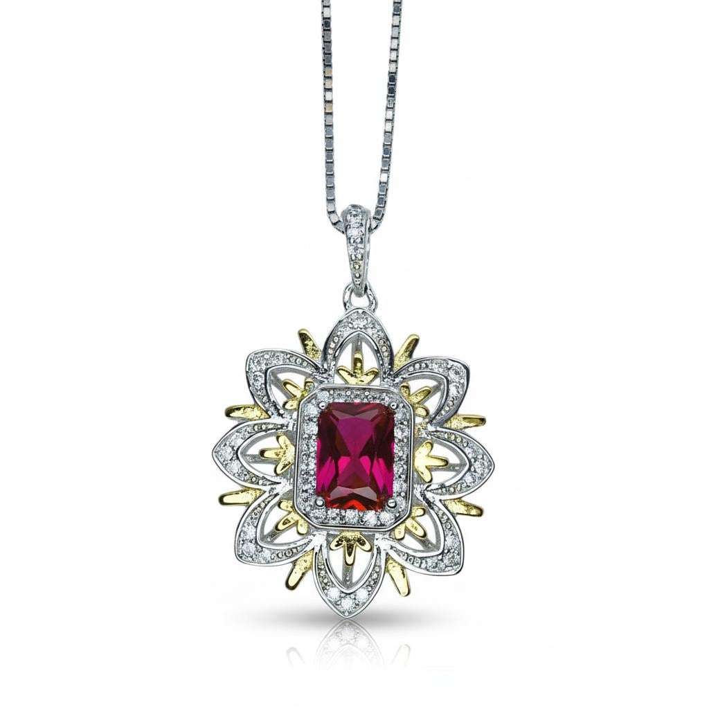 Ruby Necklace -Water Lily Flower Pendant - White Plated Sterling Silver - 1 CT Ruby Pendant - Goddess Athena Necklace #560
