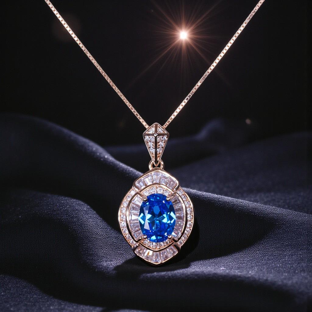 Rose Gold Sterling Silver Blue Topaz Necklace - Oval Cut 1.5 Ct Deep Blue Topaz pendant Chin #1137