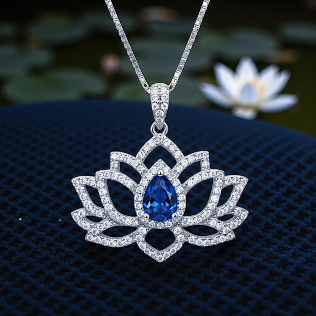 Blue Sapphire Necklace Lotus Flower Style Water lily Pendant 18KGP @ Sterling Silver Birthstone Jewelry #1017