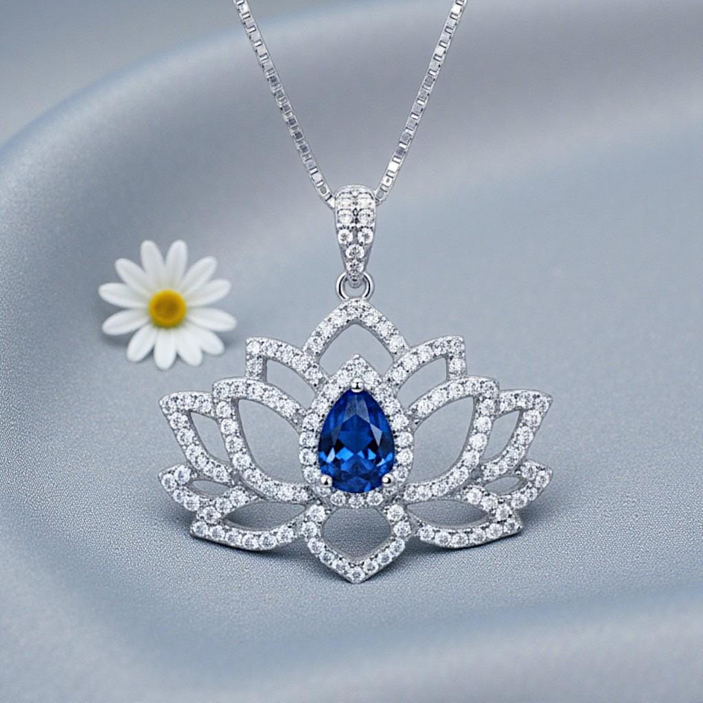 Blue Sapphire Necklace Lotus Flower Style Water lily Pendant 18KGP @ Sterling Silver Birthstone Jewelry #1017