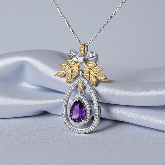 Genuine Amethyst Teardrop Necklace Sterling Silver & 18K Gold, Olive Branch Bow Pendant, February Birthstone Jewelry, Adjustable Chain 1138