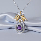 Genuine Amethyst Teardrop Necklace Sterling Silver & 18K Gold, Olive Branch Bow Pendant, February Birthstone Jewelry, Adjustable Chain 1138