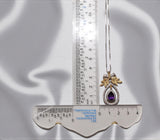 Genuine Amethyst Teardrop Necklace Sterling Silver & 18K Gold, Olive Branch Bow Pendant, February Birthstone Jewelry, Adjustable Chain 1138
