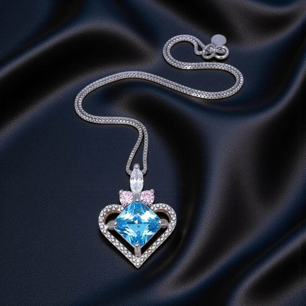 Square Brilliant Cut Blue Topaz Heart Necklace, 925 Sterling Silver 18k Gold Plated, Dainty Blue Gemstone Pendant, Romantic gift 1140