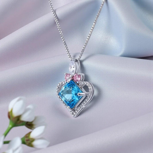 Square Brilliant Cut Blue Topaz Heart Necklace, 925 Sterling Silver 18k Gold Plated, Dainty Blue Gemstone Pendant, Romantic gift 1140