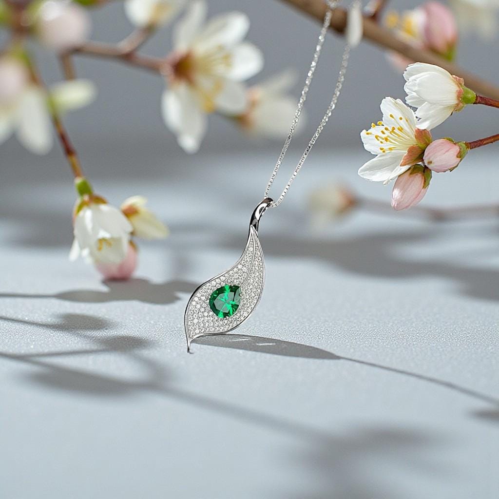Sterling Silver Emerald Leaf Necklace, Pear Cut Green Gemstone Pendant, 18K White Gold Plated Nature Inspired Jewelry, Chain 904
