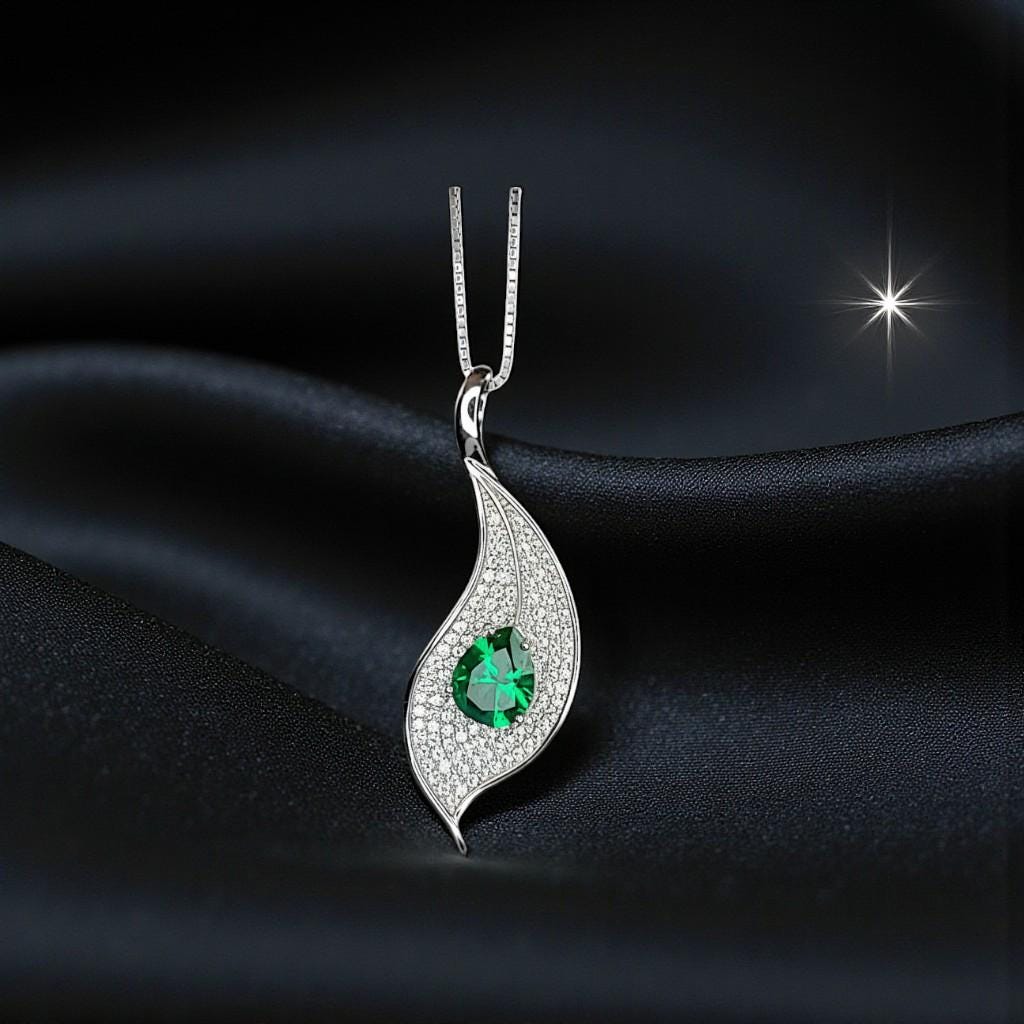 Emerald Necklace - Single Gemstone Pave Leaf Necklace - 18KGP @ Sterling Silver - Teardrop 2.75 CT Green Emerald Pendant #904