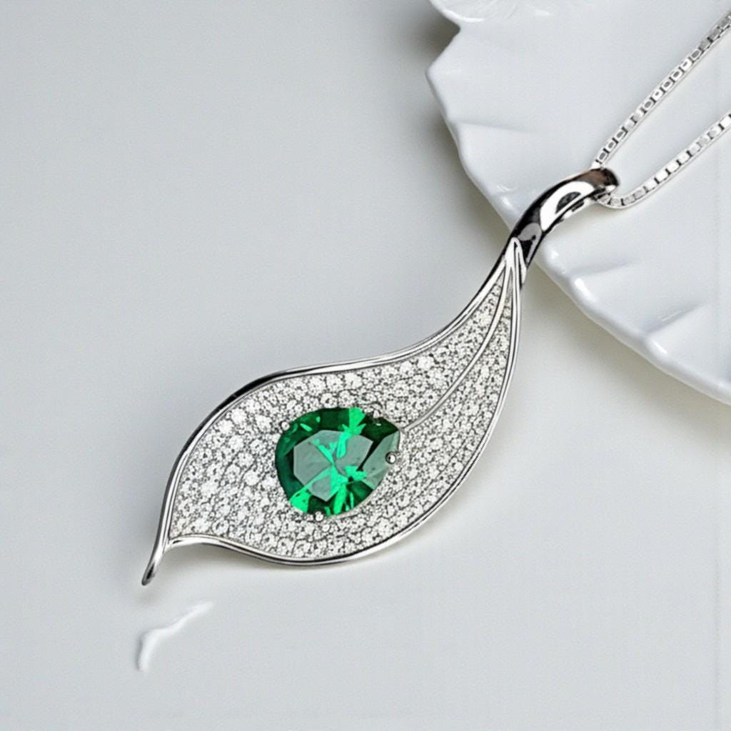 Emerald Necklace - Single Gemstone Pave Leaf Necklace - 18KGP @ Sterling Silver - Teardrop 2.75 CT Green Emerald Pendant #904