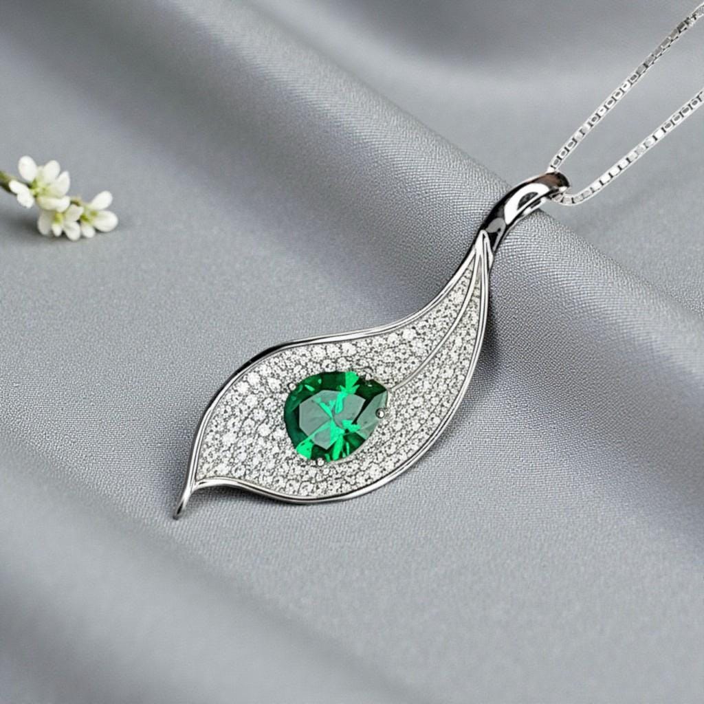 Sterling Silver Emerald Leaf Necklace, Pear Cut Green Gemstone Pendant, 18K White Gold Plated Nature Inspired Jewelry, Chain 904