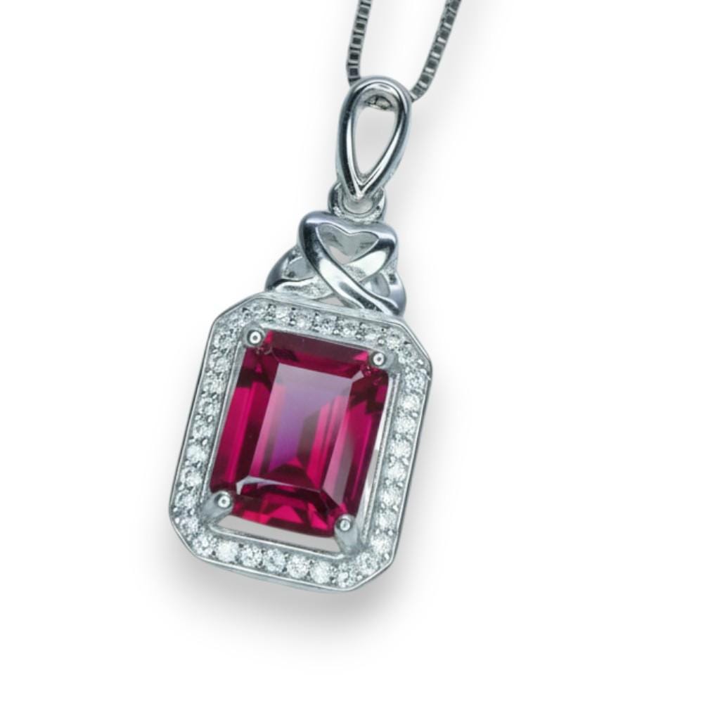 Ruby Necklace Rectangle red Pendant - 18KGP @ Sterling Silver - July Birthstone chain #299