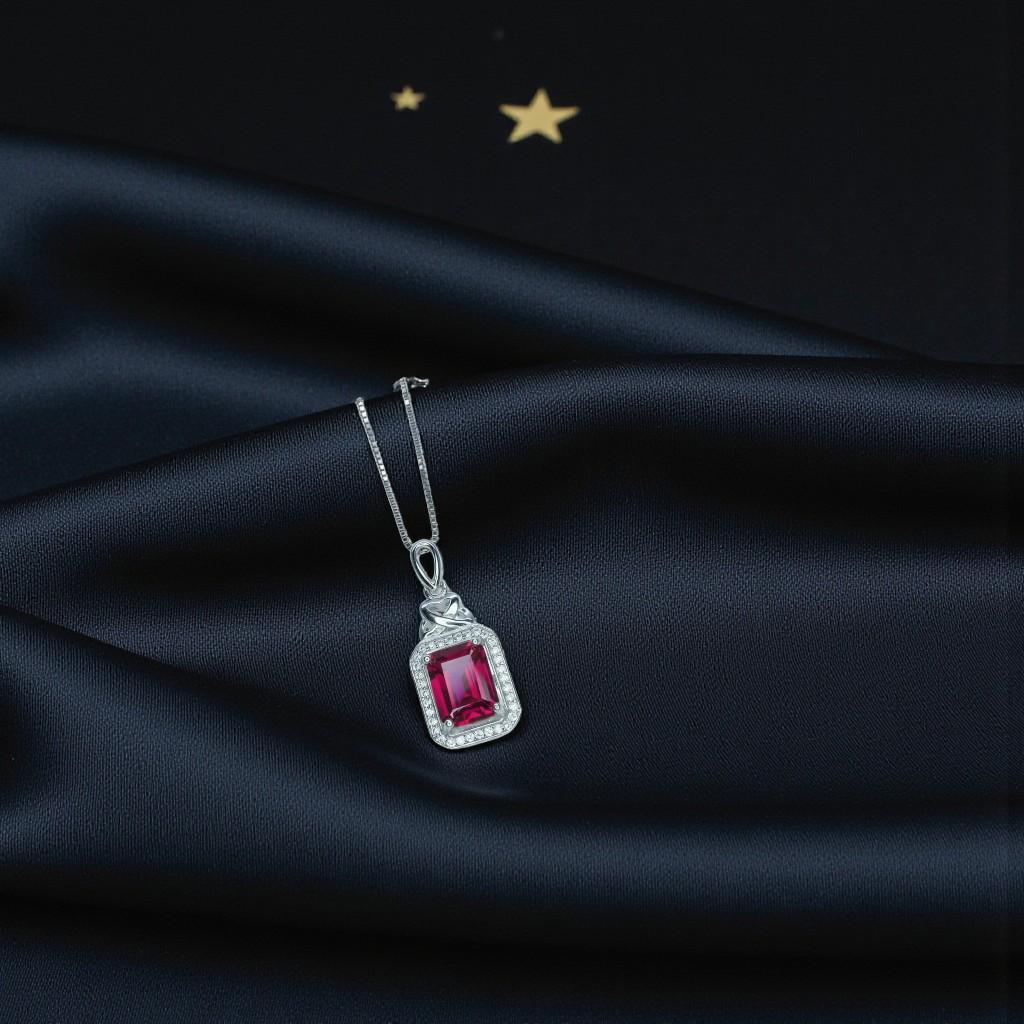 Ruby Necklace Rectangle red Pendant - 18KGP @ Sterling Silver - July Birthstone chain #299