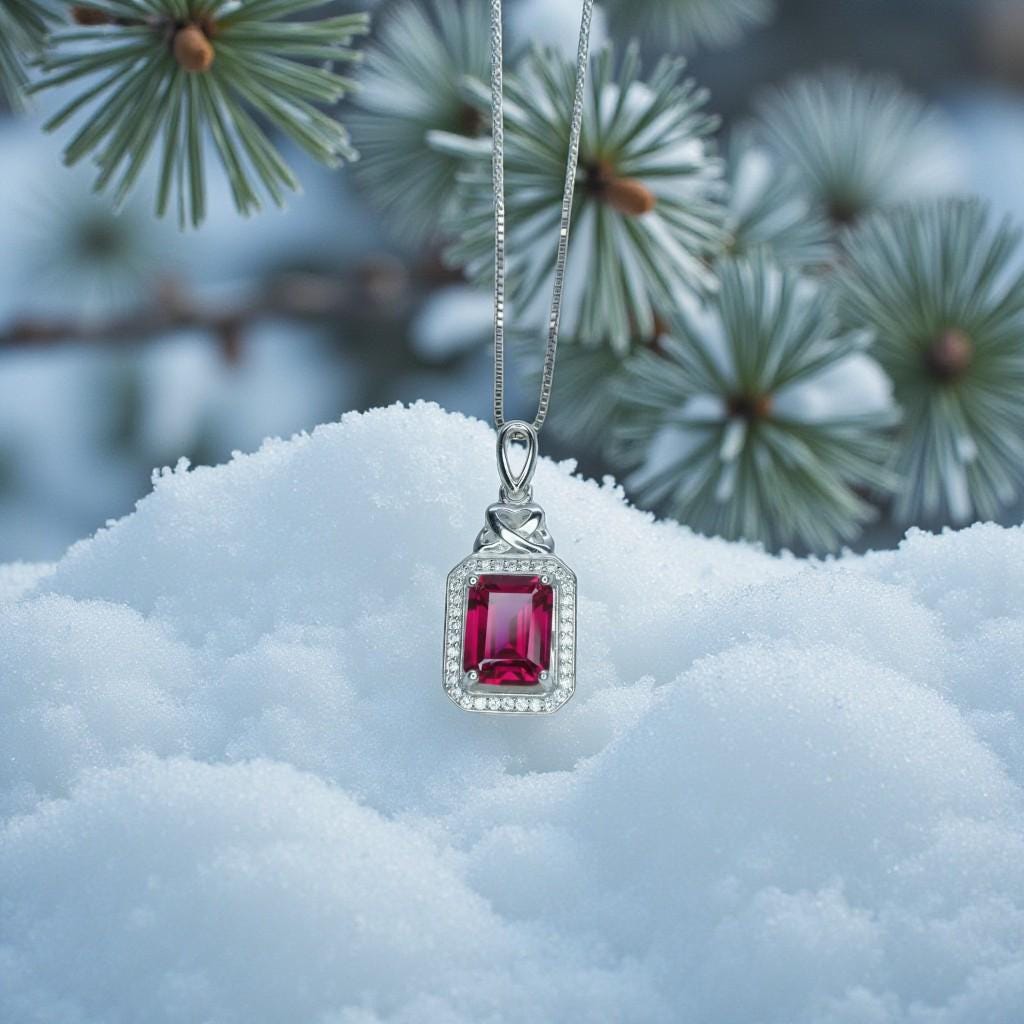 Ruby Necklace Rectangle red Pendant - 18KGP @ Sterling Silver - July Birthstone chain #299