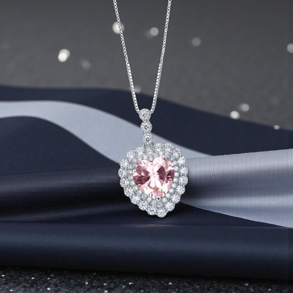 Pink Morganite Necklace - Pink Heart Pendant - 18KGP @ Sterling Silver - Double Halo Pink Morganite Jewelry #928