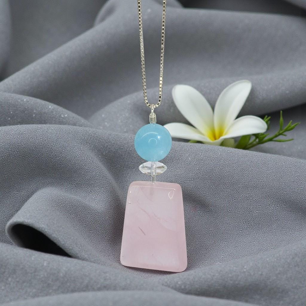 Natural Rose Quartz & Aquamarine Pendant, Sterling silver Chain Necklace, Healing Stone chunky stone jewelry #2094