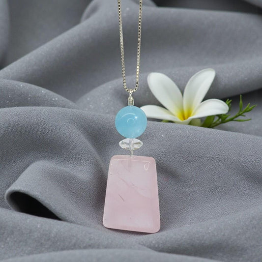 Natural Rose Quartz & Aquamarine Pendant, Sterling silver Chain Necklace, Healing Stone chunky stone jewelry #2094