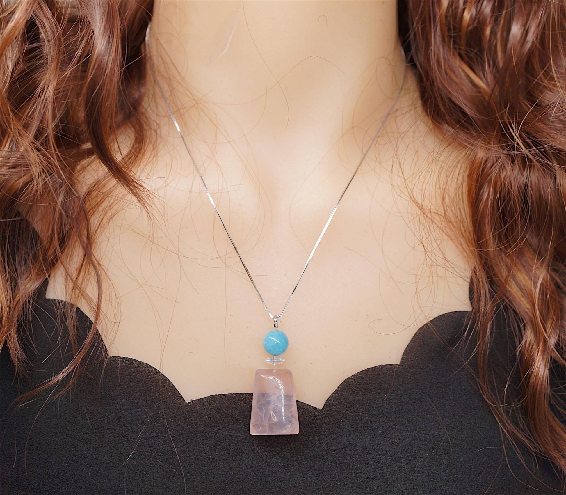 Natural Rose Quartz & Aquamarine Pendant, Sterling silver Chain Necklace, Healing Stone chunky stone jewelry #2094