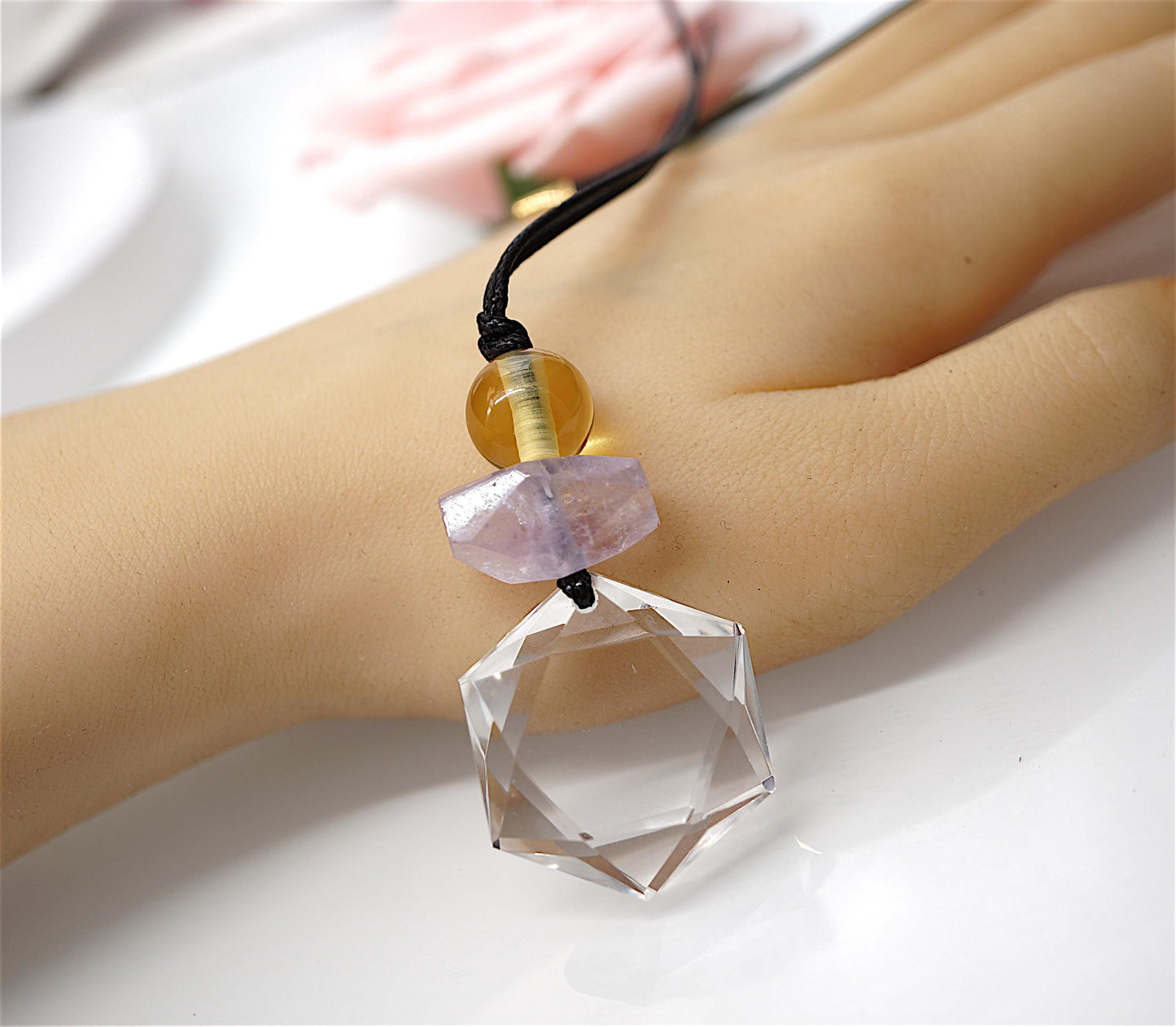 Natural Clear Quartz Hexagram Necklace, Star of David Pendant, Amethyst Citrine Healing Jewelry, Adjustable Cord Chunky Crystal quartz #2093