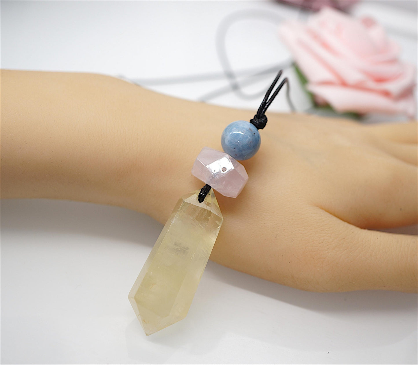 Raw Citrine Rose Quartz Aquamarine Necklace, Adjustable Cord Crystal Pendant, Chunky Healing Stone Jewelry #2091