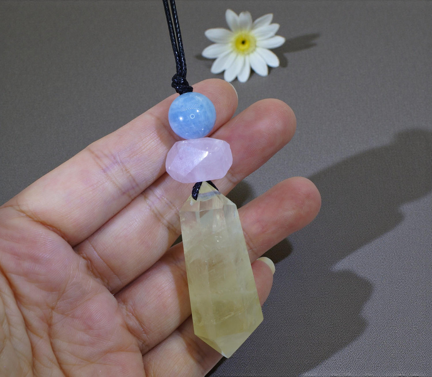 Raw Citrine Rose Quartz Aquamarine Necklace, Adjustable Cord Crystal Pendant, Chunky Healing Stone Jewelry #2091
