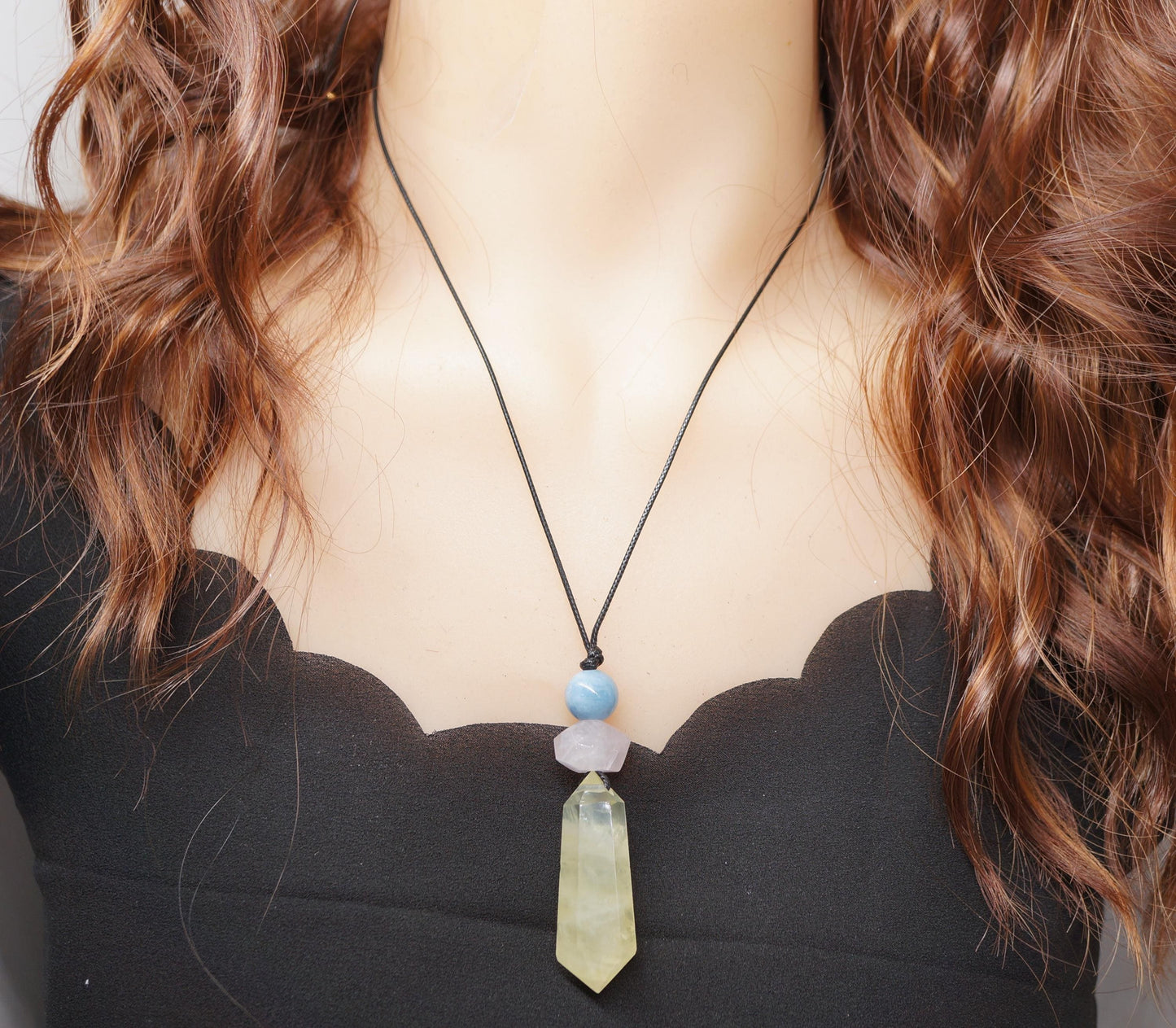 Raw Citrine Rose Quartz Aquamarine Necklace, Adjustable Cord Crystal Pendant, Chunky Healing Stone Jewelry #2091