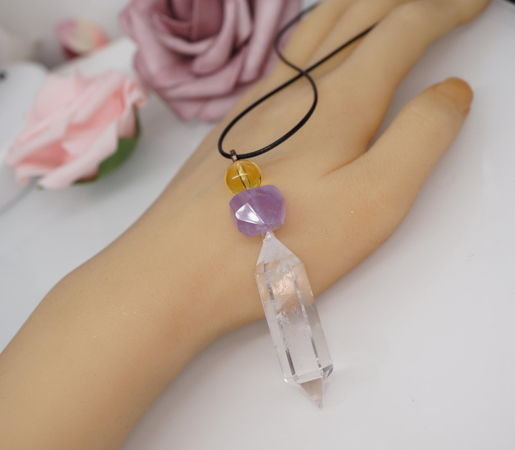 Natural Clear Quartz Amethyst Citrine Necklace, Raw Crystal Point Pendant, Adjustable Cord Chunky Healing Jewelry, Gift for Him #2089